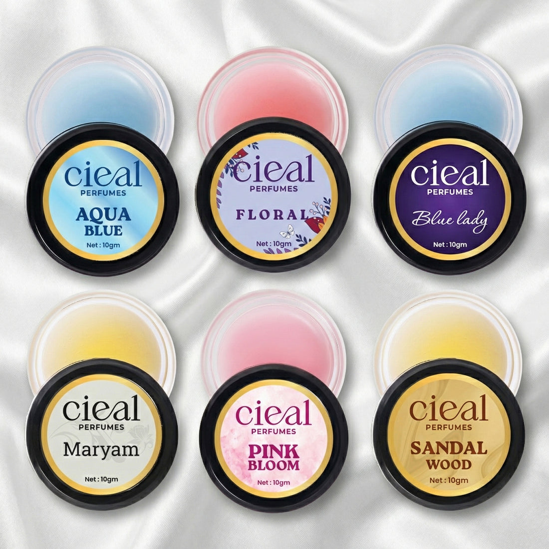 CIEAL SOLID PERFUME SET OF 6 – AQUA BLUE | FLORAL | BLUE LADY | MARYAM | PINK BLOOM | SANDALWOOD