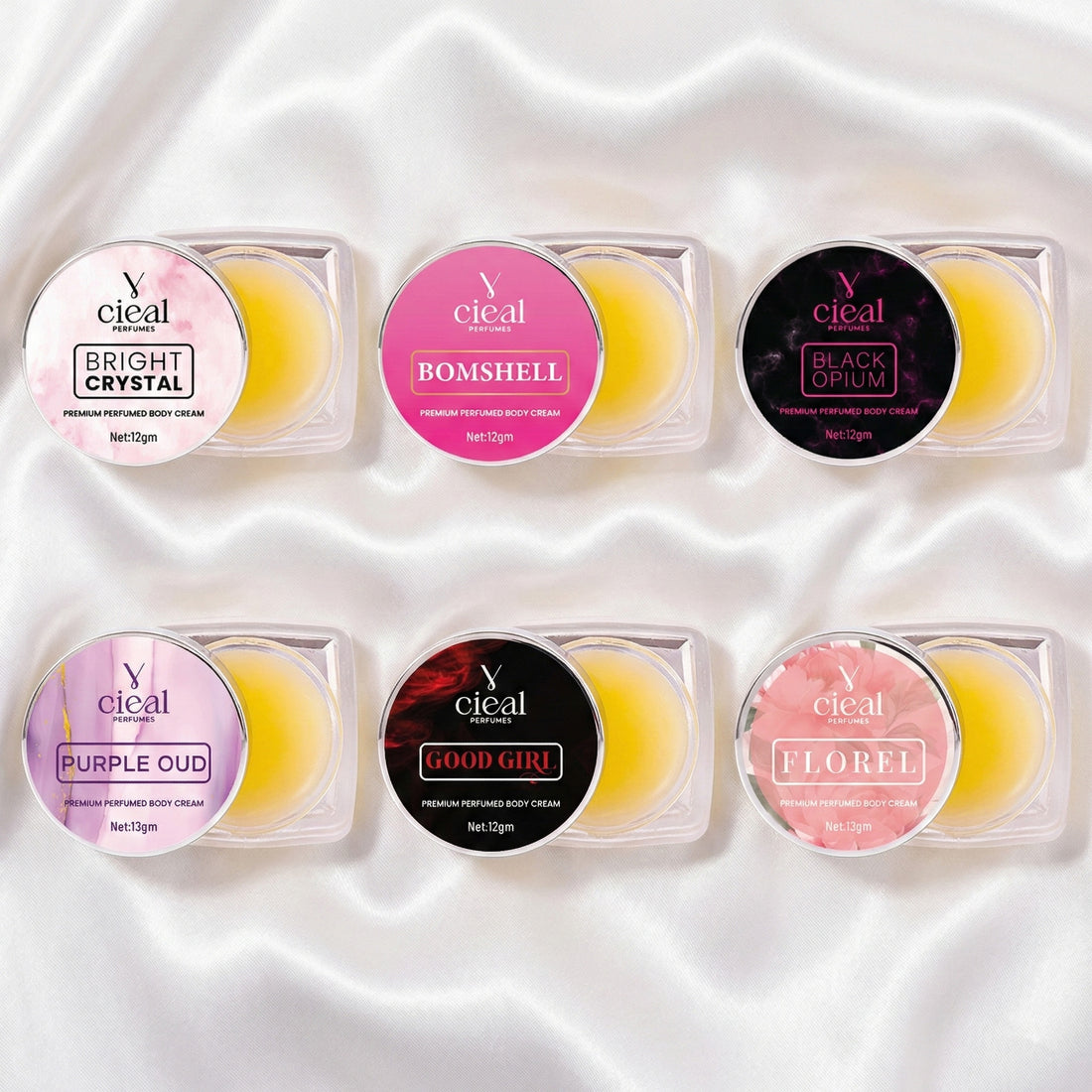 CIEAL PREMIUM SOLID PERFUME SET OF 6 – INSPIRED BY BOMBSHELL | PURPLE OUD | BRIGHT CRYSTAL | BLACK OPIUM | GOOD GIRL | FLORAL (FOR WOMEN)