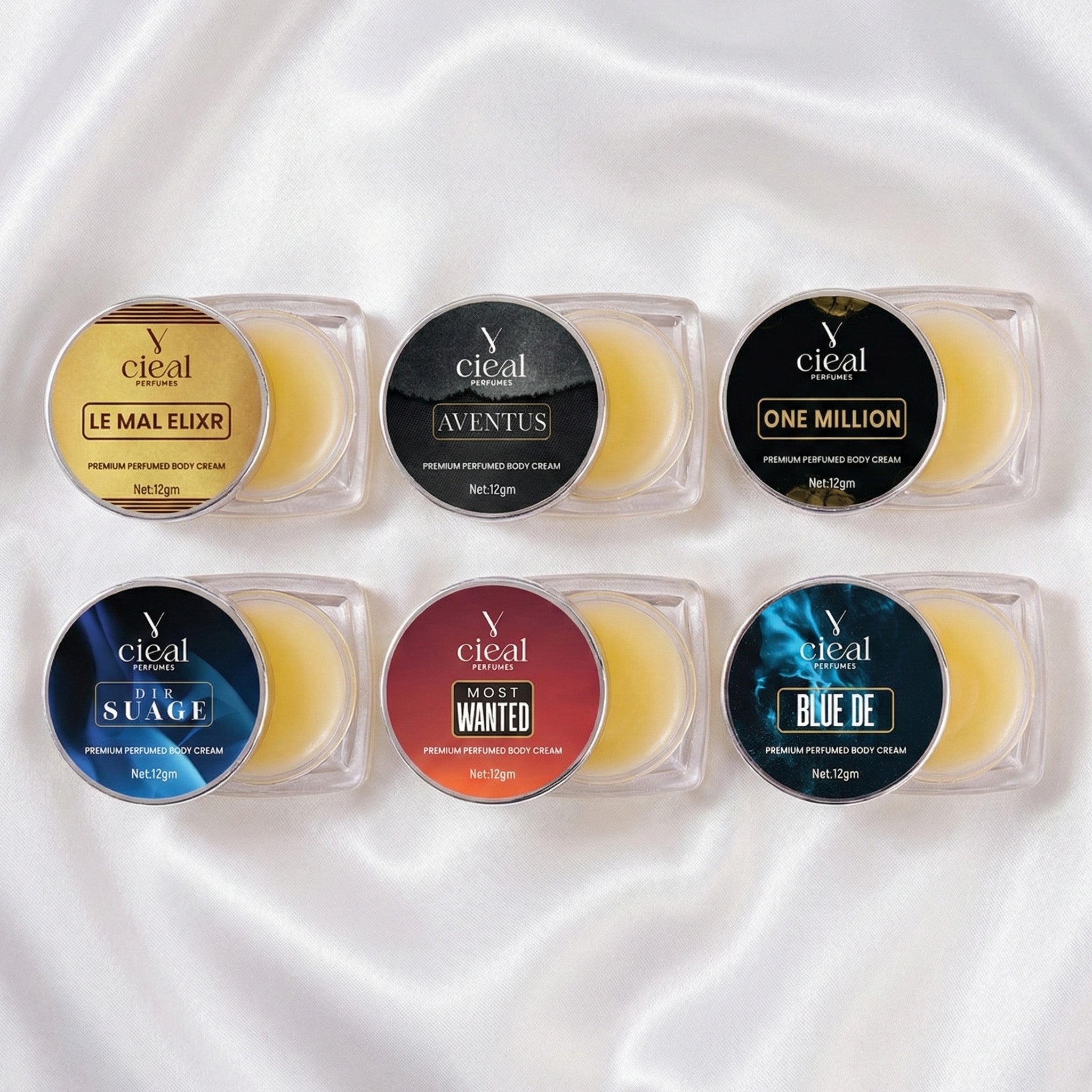 CIEAL PREMIUM SOLID PERFUME SET OF 6 – INSPIRED BY LE MAL ELIXR | AVENTUS | ONE MILLION | DIR SUAGE | MOST WANTED | BLEU DE (FOR MEN)