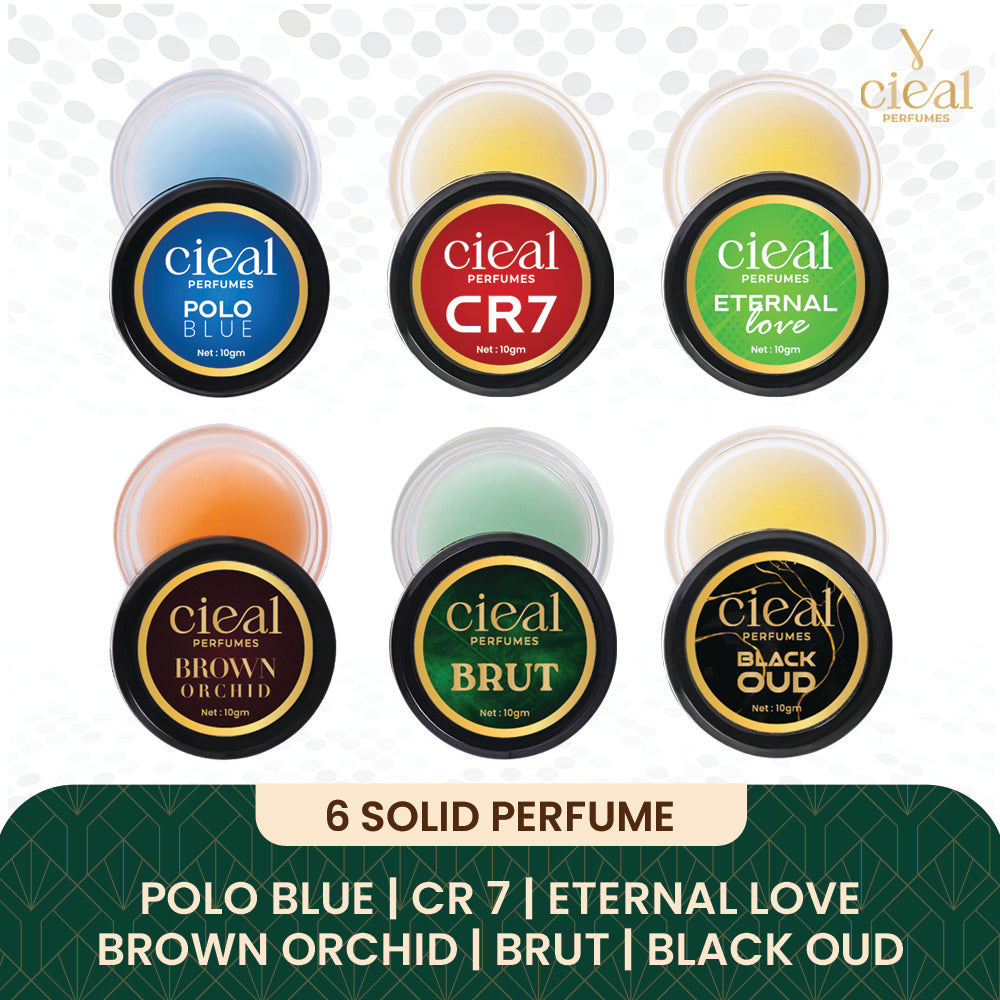 CIEAL Solid Perfume Master Set of 6 – Polo Blue, CR7, Eternal Love, Brown Orchid, Brut &amp; Black Oud | 10g Each