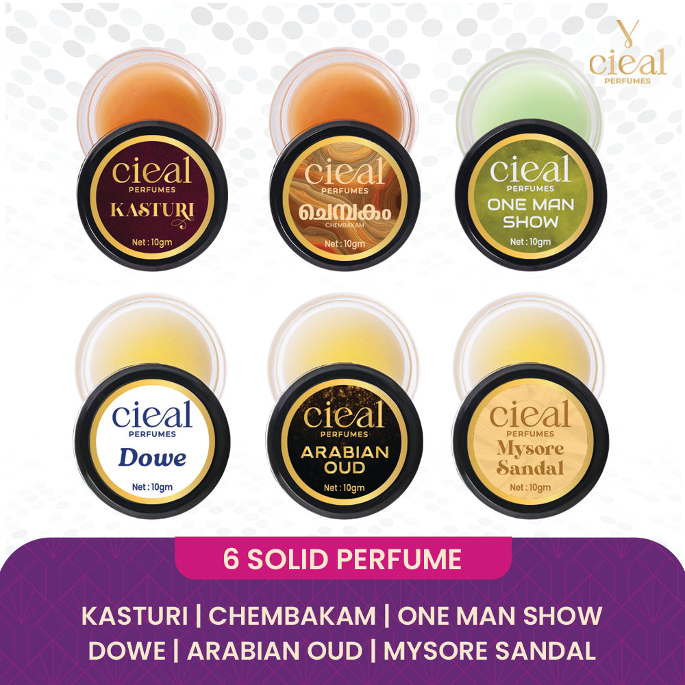 CIEAL Solid Perfume Master Set of 6 – Kasturi, Chembakam, One Man Show, Dowe, Arabian Oud &amp; Mysore Sandal | 10g Each