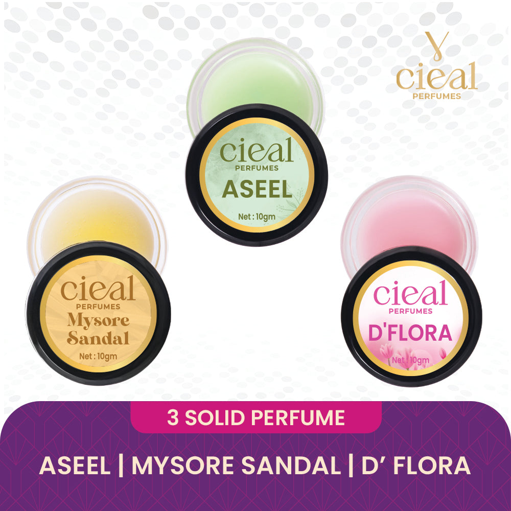 CIEAL Solid Perfume Set of 3 – Aseel, Mysore Sandal &amp; D Flora | 10g Each