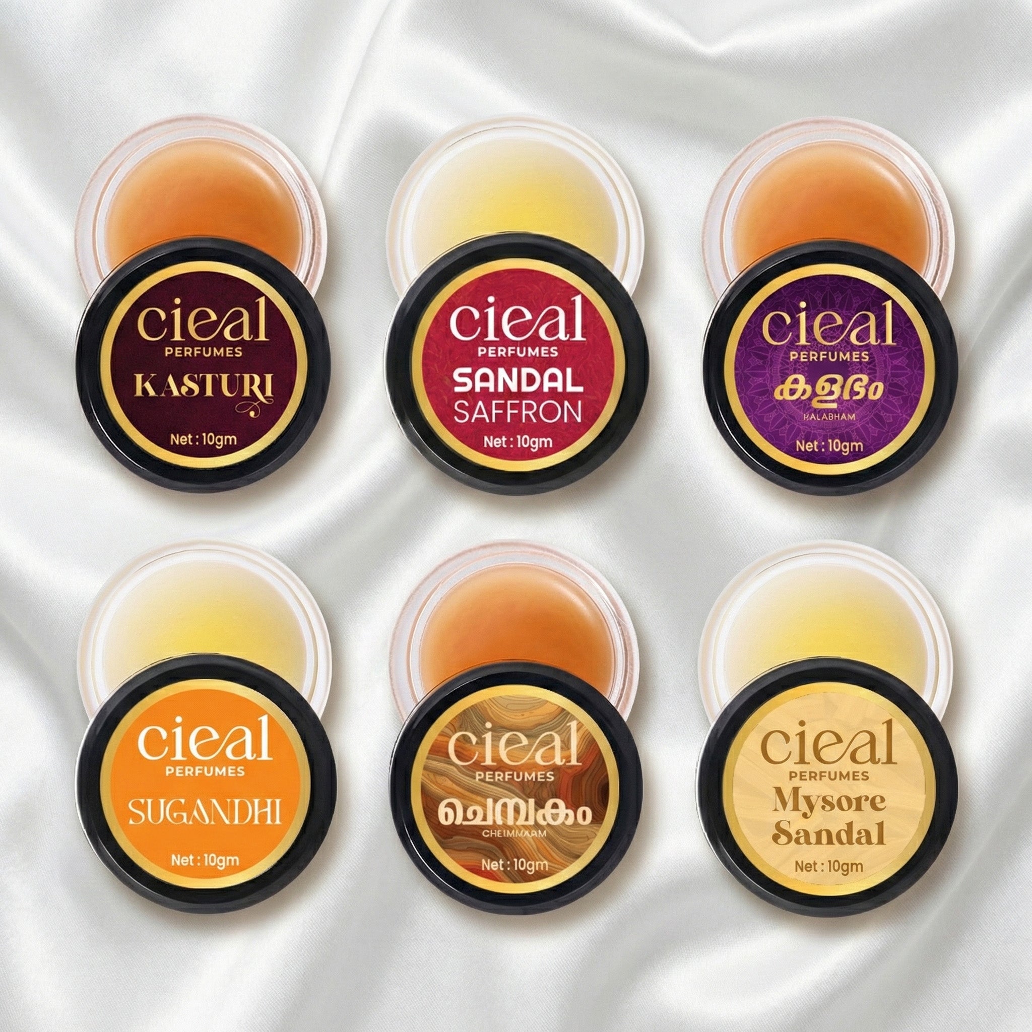 CIEAL SOLID PERFUME SET OF 6 – CHEMBAKAM | MYSORE SANDAL | SANDAL SAFFRON | SUGANDHI | KALABHAM | KASTURI