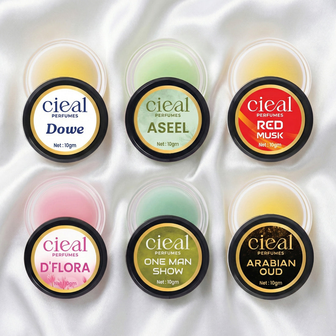 CIEAL SOLID PERFUME SET OF 6 – DOWE | ASEEL | RED MUSK | D' FLORA | ONE MAN SHOW | ARABIAN OUD
