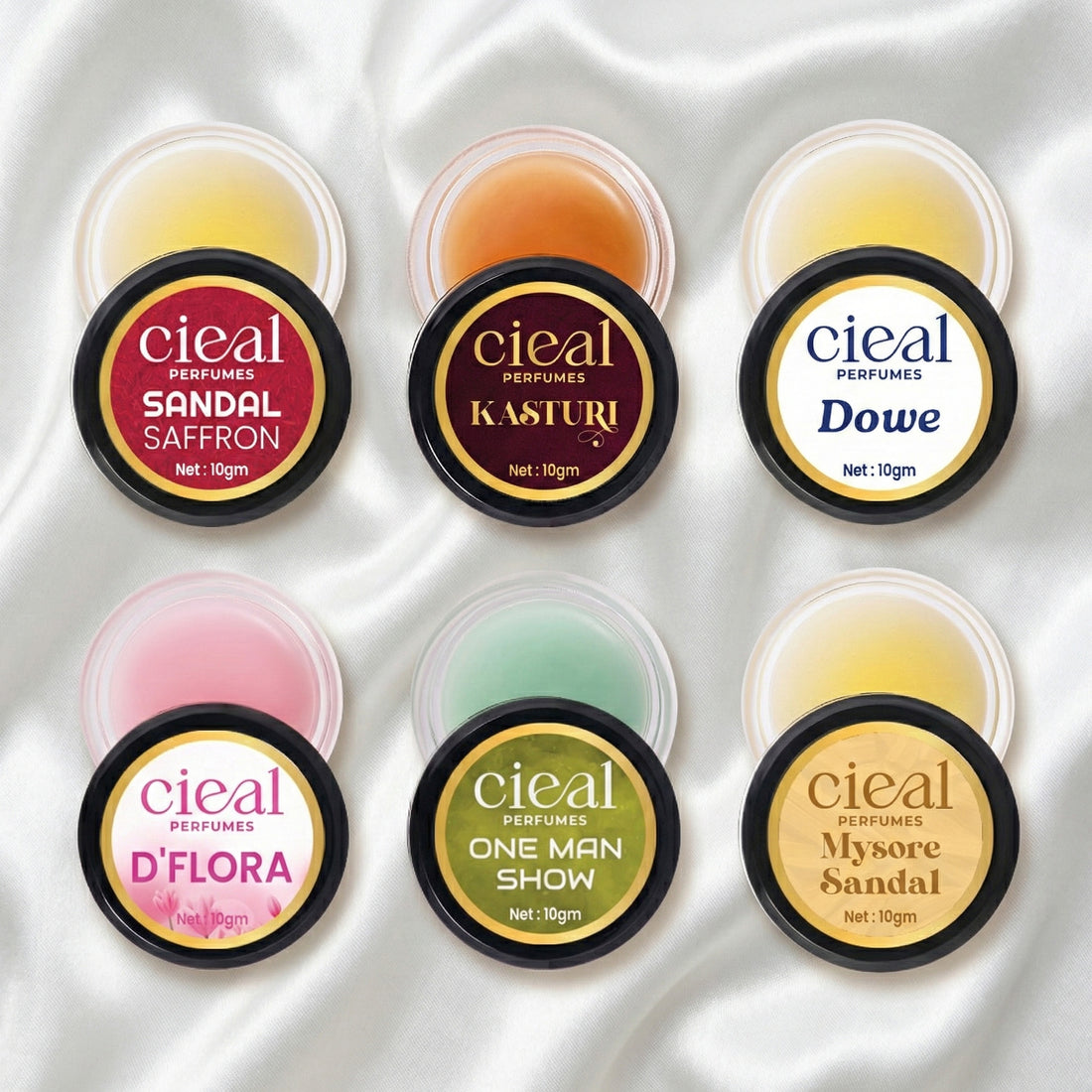 CIEAL SOLID PERFUME SET OF 6 – SIGNATURE COLLECTION | SANDAL SAFFRON | KASTURI | DOWE | D' FLORA | ONE MAN SHOW | MYSORE SANDAL