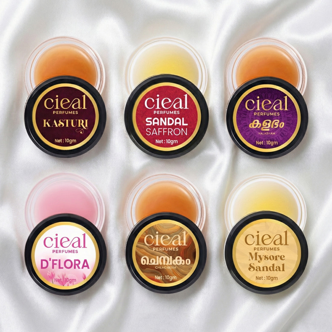 CIEAL SOLID PERFUME SET OF 6 – MASTER COLLECTION | CHEMBAKAM | MYSORE SANDAL | SANDAL SAFFRON | D' FLORA | KALABHAM | KASTURI