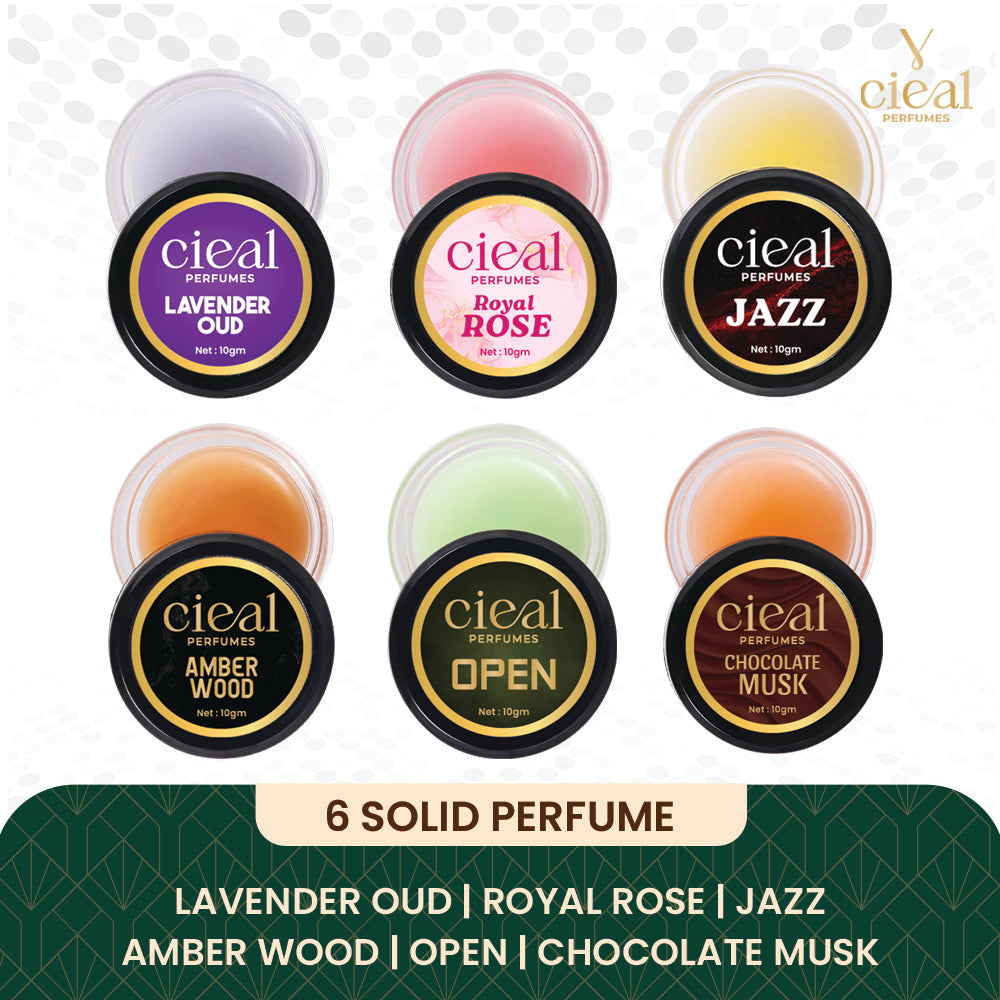 CIEAL Solid Perfume Master Set of 6 – Lavender Oud, Royal Rose, Chocolate Musk, Amber Wood, Open &amp; Jazz | 10g Each