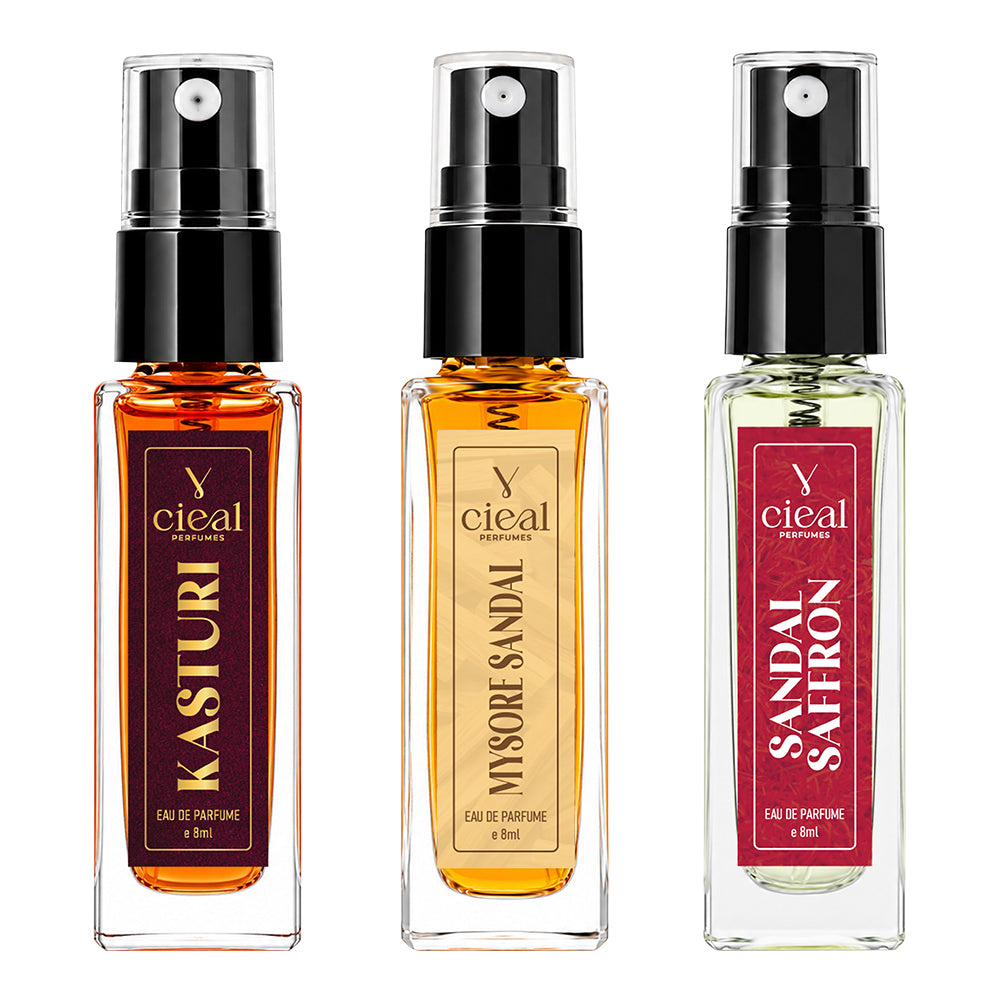 CIEAL Perfume Spray Gift Set of 3 – Kasturi, Mysore Sandal & Sandal Saffron – 8ml Each