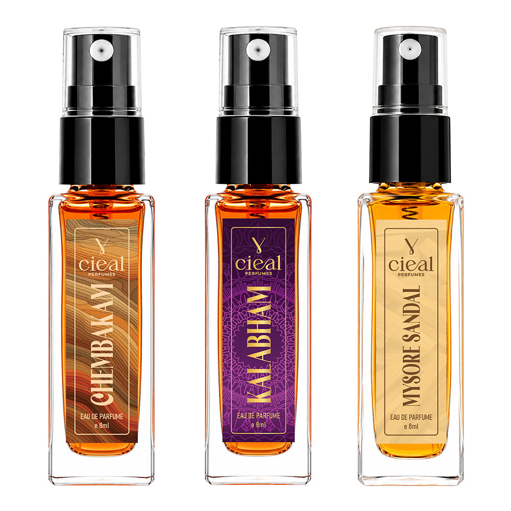 CIEAL Perfume Spray Gift Set of 3 – Chembakam, Kalabham & Mysore Sandal – 8ml Each