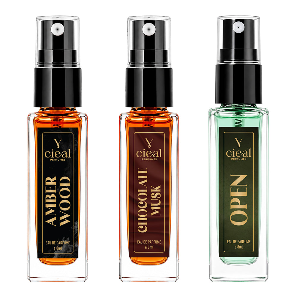 CIEAL Perfume Spray Gift Set of 3 – Amber Wood, Chocolate Musk & Open – 8ml Each