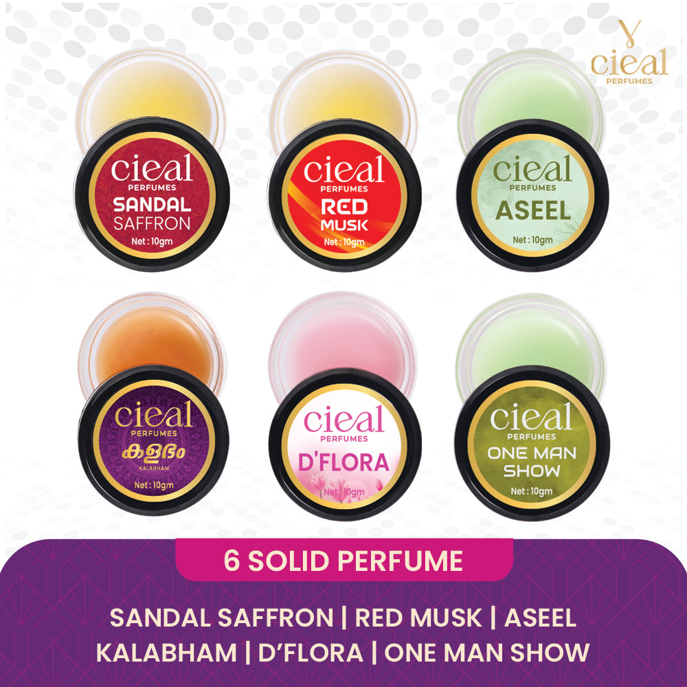 CIEAL Solid Perfume Master Set of 6 – Sandal Saffron, Red Musk, Aseel, Kalabham, D'Flora &amp; One Man Show | 10g Each
