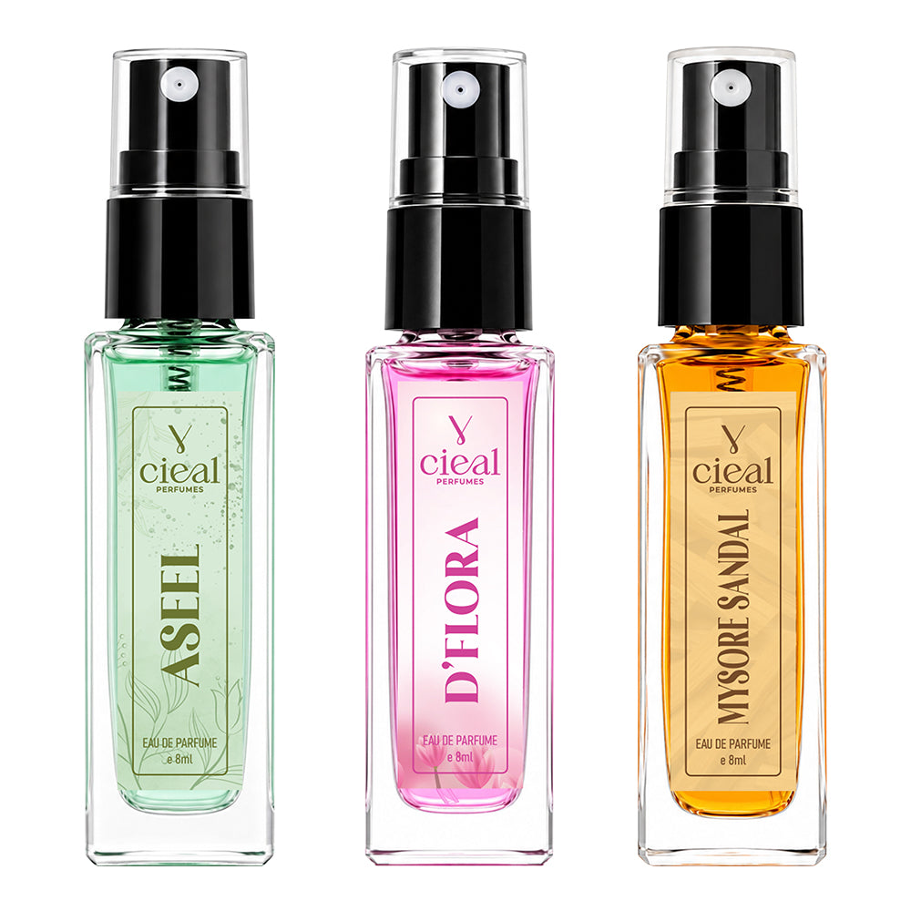 CIEAL Perfume Spray Gift Set of 3 – Aseel, Mysore Sandal & D' Flora – 8 ml each
