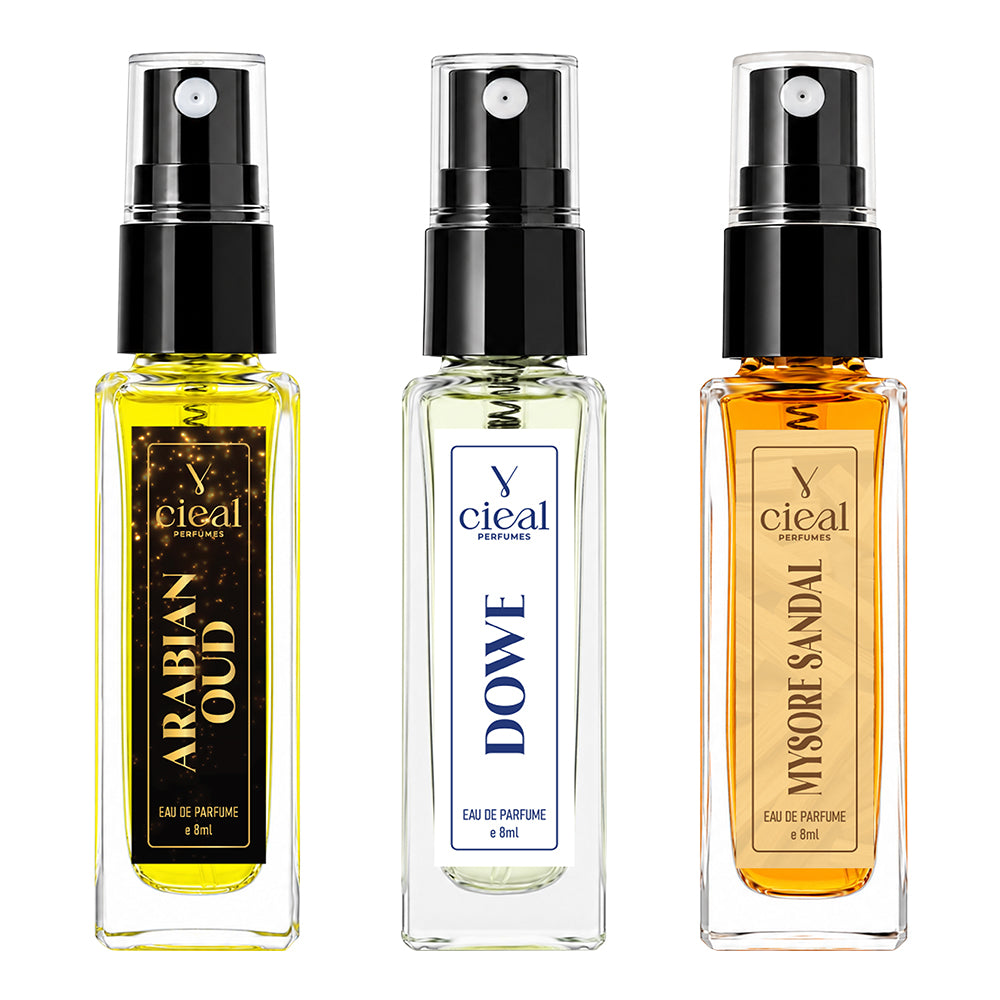 CIEAL Perfume Spray Gift Set of 3 – Arabian Oud, Mysore Sandal & Dowe – 8 ml each