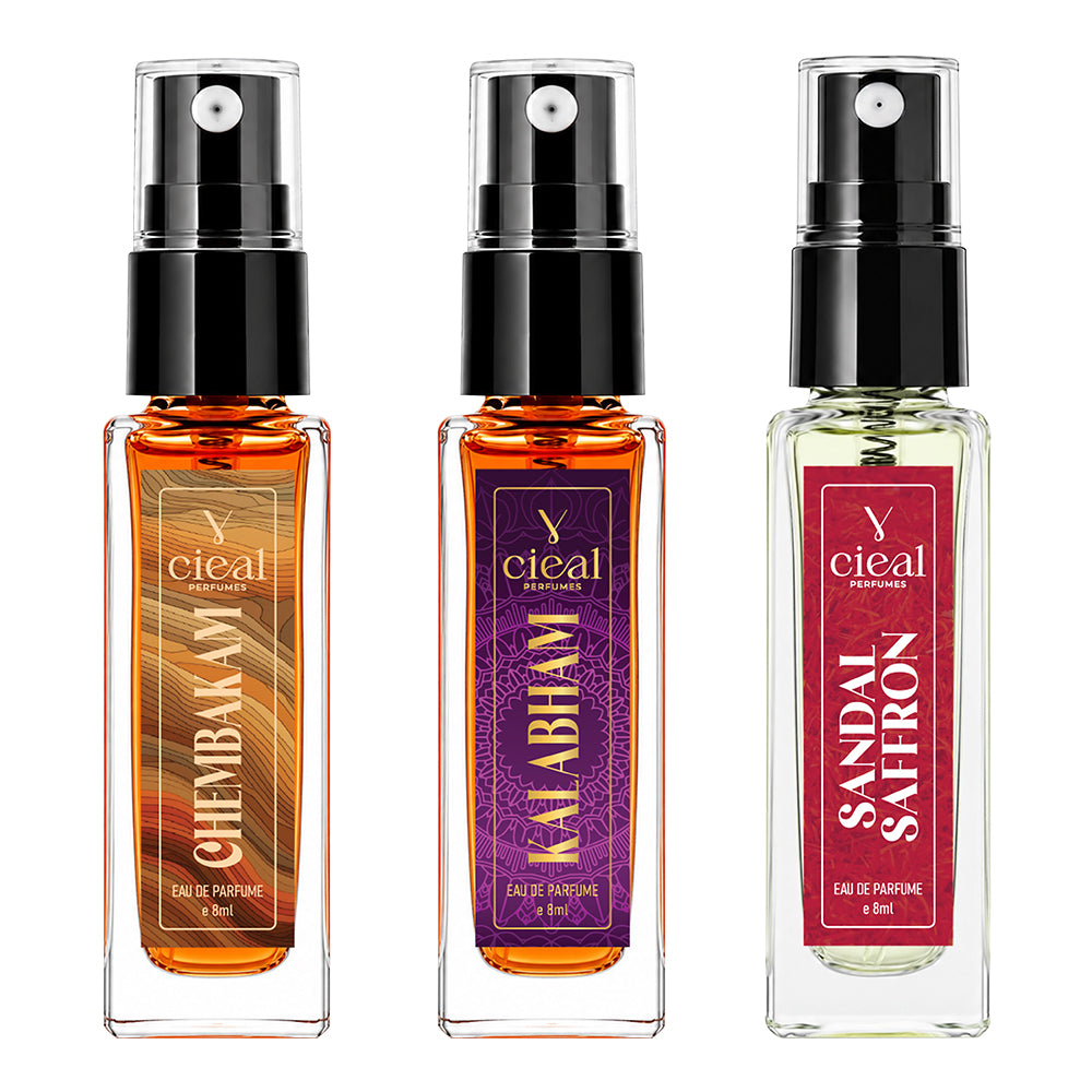 CIEAL Perfume Spray Gift Set of 3 – Sandal Saffron, Chembakam & Kalabham – 8 ml each.