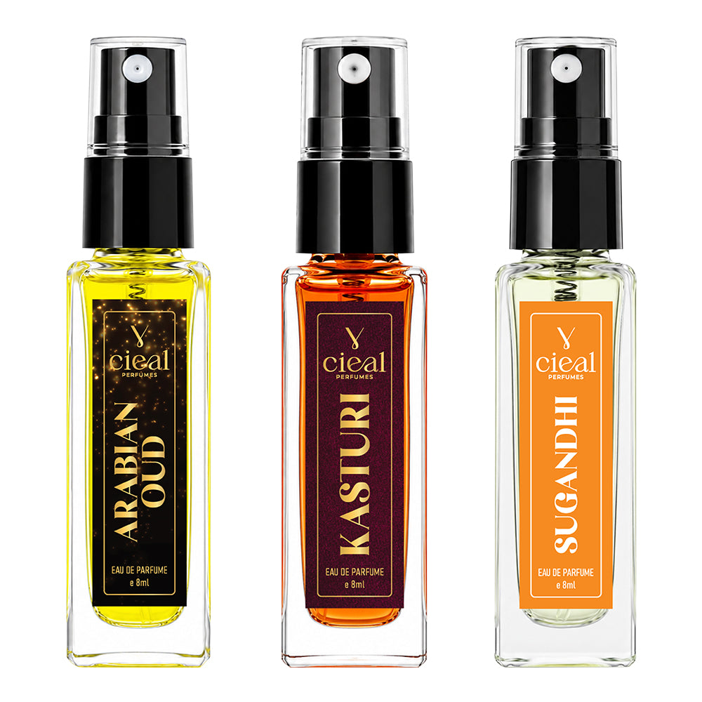 CIEAL Perfume Spray Gift Set of 3 – Kasturi, Arabian Oud & Sugandi – 8 ml each
