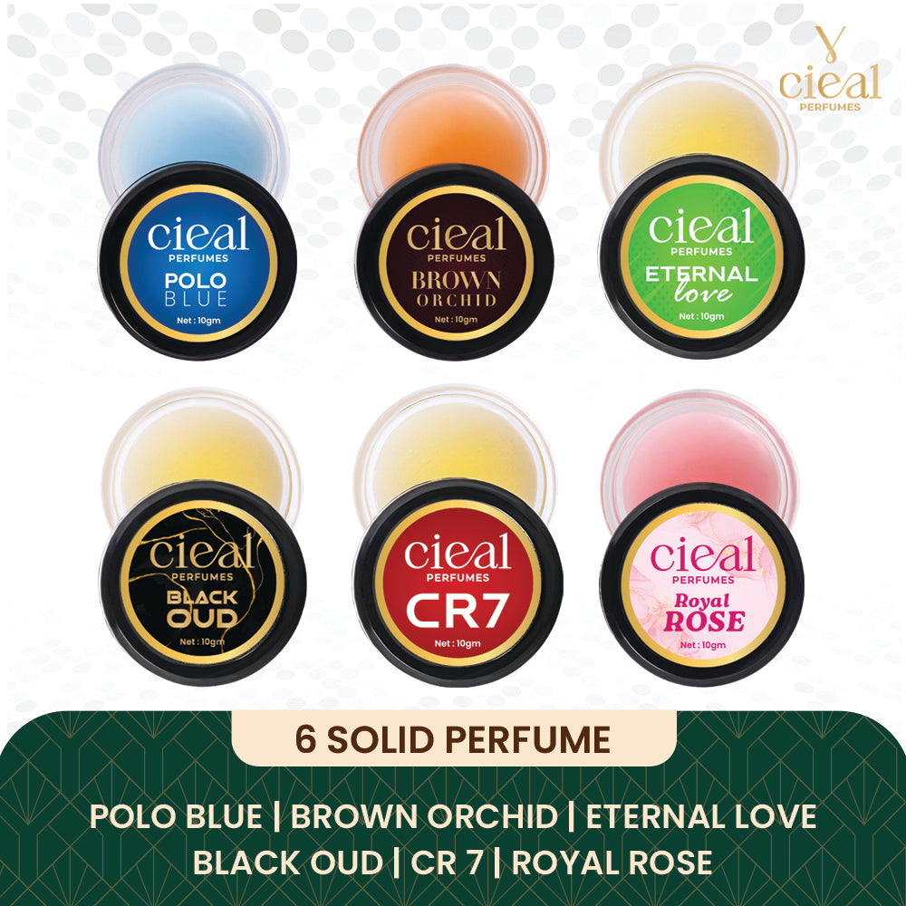 CIEAL Solid Perfume Master Set of 6 – Polo Blue, Brown Orchid, Eternal Love, Black Oud, CR7 &amp; Royal Rose | 10g Each