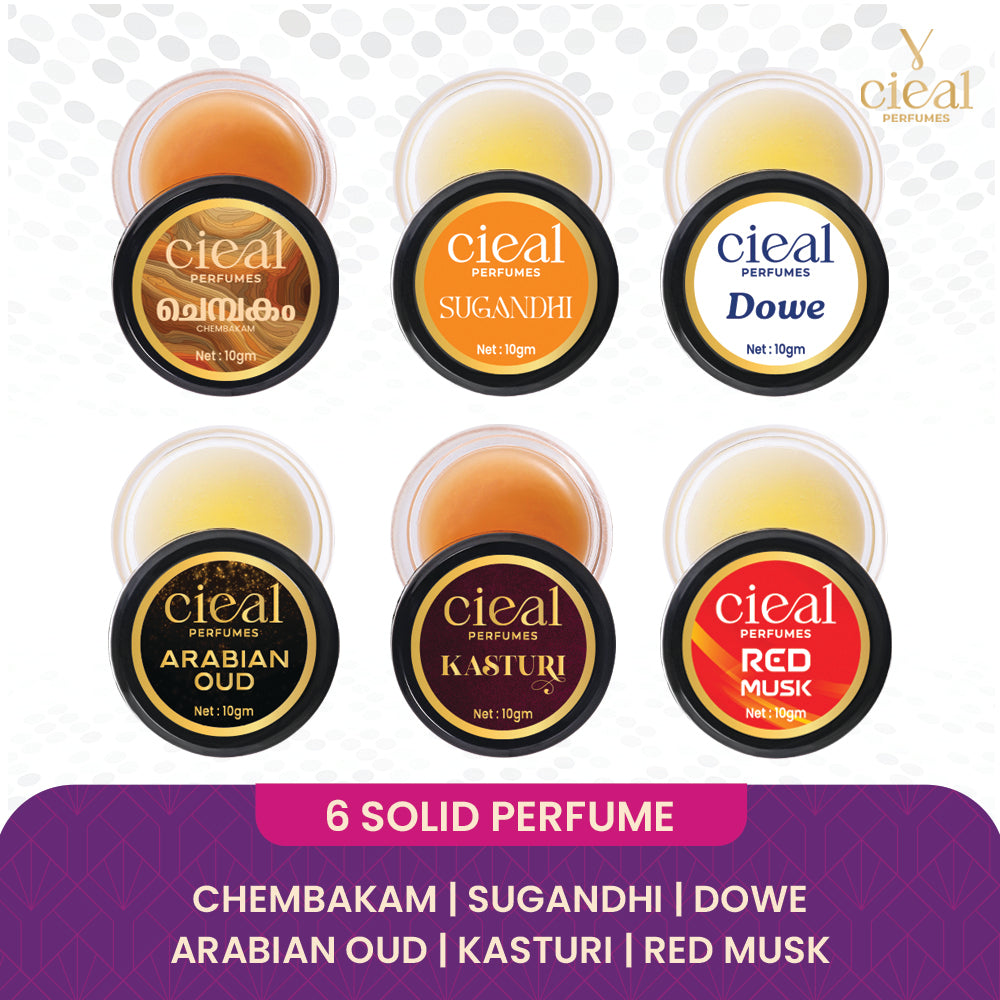 CIEAL Solid Perfume Master Set of 6 – Chembakam, Sugandhi, Dowe, Arabian Oud, Kasturi &amp; Red Musk | 10g Each