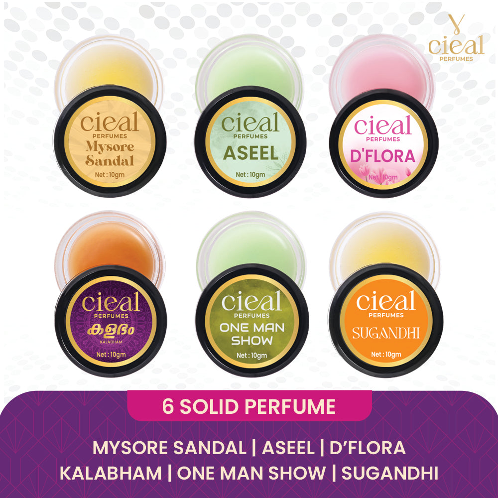 CIEAL Solid Perfume Master Set of 6 – Mysore Sandal, Aseel, D'Flora, Kalabham, One Man Show &amp; Sugandhi | 10g Each