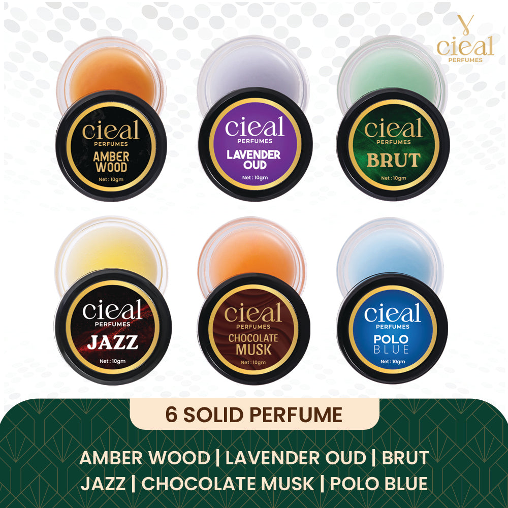 CIEAL Solid Perfume Master Set of 6 – Amber Wood, Lavender Oud, Brut, Jazz, Chocolate Musk &amp; Polo Blue | 10g Each