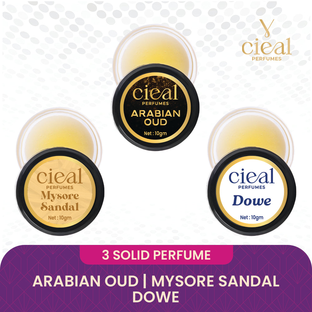 CIEAL Solid Perfume Set of 3 – Arabian Oud, Mysore Sandal &amp; Dowe | 10g Each