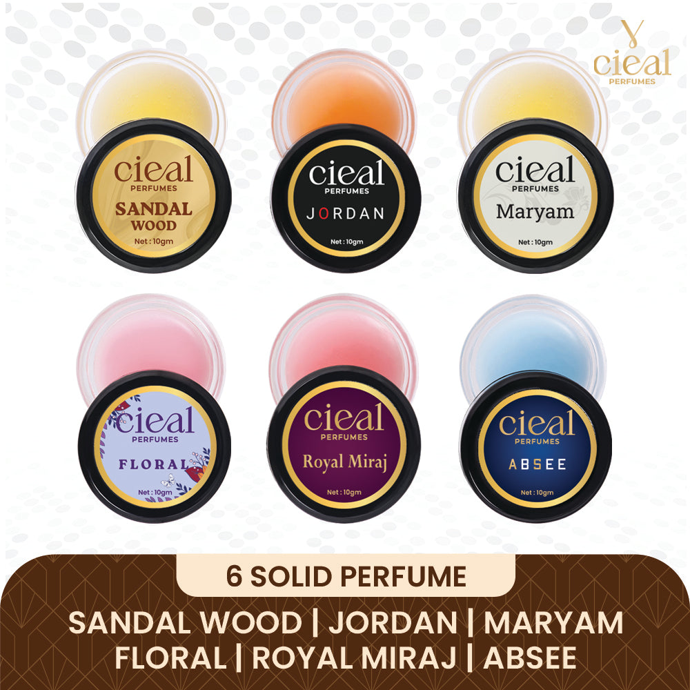 CIEAL Solid Perfume Master Set of 6 – Sandalwood, Jordan, Maryam, Floral, Royal Miraj &amp; Absee | 10g Each
