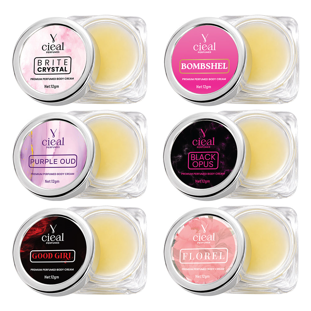 CIEAL PREMIUM SOLID PERFUME SET OF 6 – BRITE CRYSTAL | BOMBSHEL | PURPLE OUD | BLACK OPUS | GOOD GIRL | FLOREL (WOMEN)
