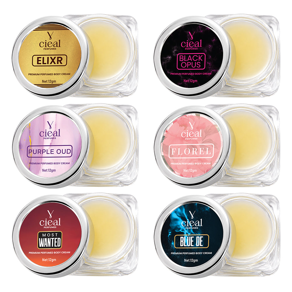 CIEAL PREMIUM SOLID PERFUME SET OF 6 – ELIXIR | BLACK OPUS | PURPLE OUD | FLOREL | MOST WANTED | BLUE DE (UNISEX)