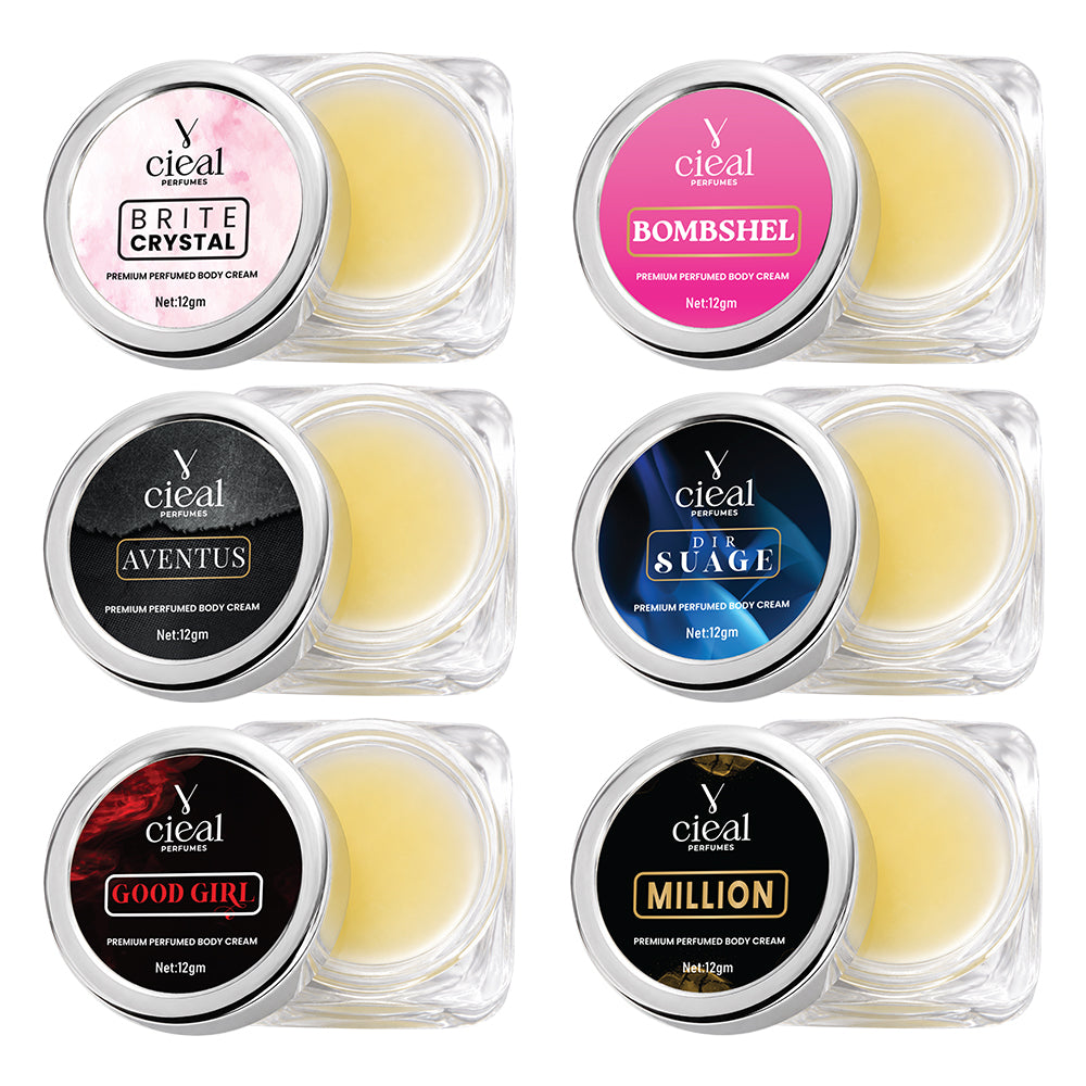 CIEAL PREMIUM SOLID PERFUME SET OF 6 – BRITE CRYSTAL | BOMBSHEL | AVENTUS | DIR SUAGE | GOOD GIRL | MILLION (UNISEX)
