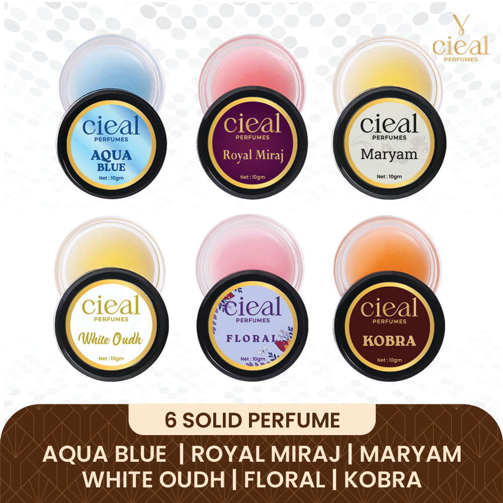 CIEAL Solid Perfume Master Set of 6 – Aqua Blue, Royal Miraj, Maryam, White Oud, Floral & Kobra | 10g Each