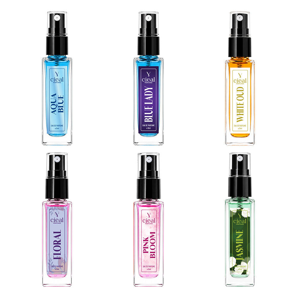 CIEAL Perfume Spray Gift Set of 6 – Aqua Blue, Floral, Blue Lady, Maryam, Pink Bloom & Sandalwood – 8ml Each