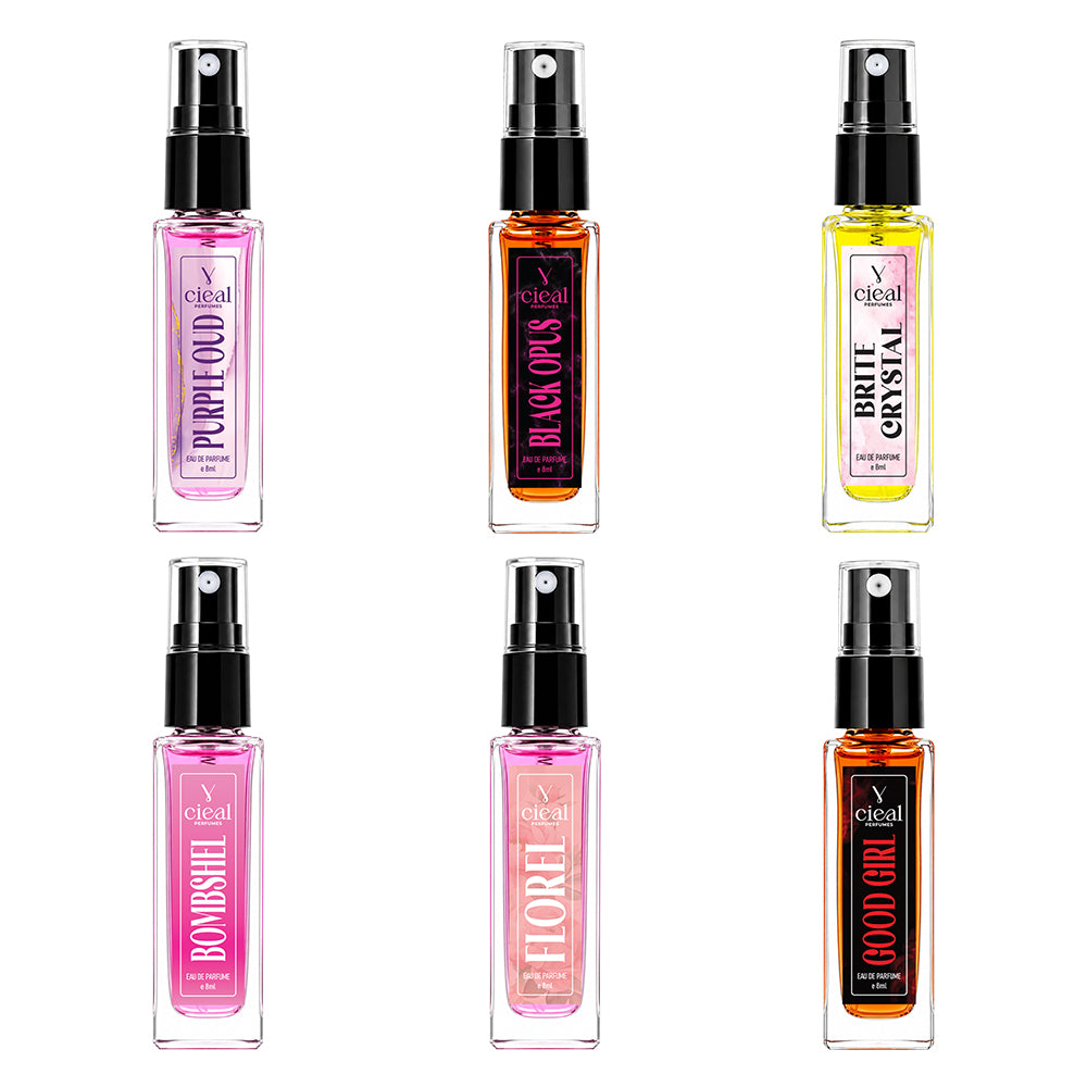 CIEAL Perfume Spray Gift Set of 6 – BLACK OPUS, PURPLE OUD, FLOREL, BRITE CRYSTAL, BOMBSHEL & GOOD GIRL – 8ml Each