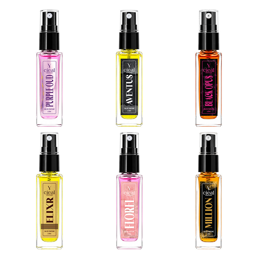CIEAL Perfume Spray Gift Set of 6 – ELIXIR, BLACK OPUS, AVENTUS, PURPLE OUD, MILLION & FLOREL – 8 ml each