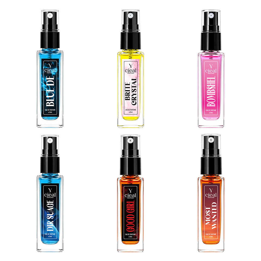 CIEAL Perfume Spray Gift Set of 6 – DIR SUAGE, BRITE CRYSTAL, MOST WANTED, BOMBSHEL, BLUE DE & GOOD GIRL – 8 ml each