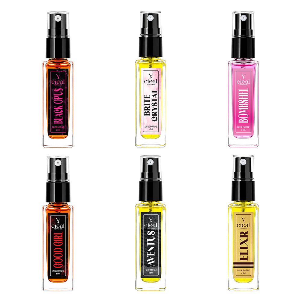 CIEAL Perfume Spray Gift Set of 6 – ELIXIR, BRITE CRYSTAL, AVENTUS, GOOD GIRL, BLACK OPUS & BOMBSHEL – 8ml Each