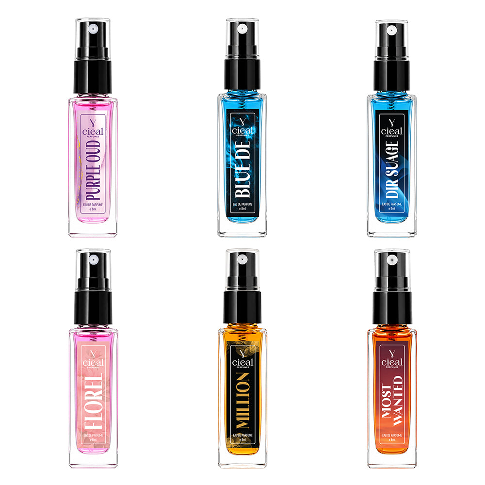 CIEAL Perfume Spray Gift Set of 6 – MILLION, FLOREL, DIR SUAGE, PURPLE OUD, MOST WANTED & BLUE DE – 8 ml each