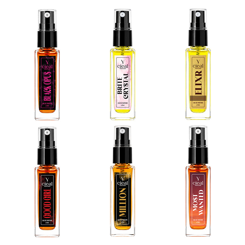 CIEAL Perfume Spray Gift Set of 6 – ELIXIR, MOST WANTED, BLACK OPUS, BRITE CRYSTAL, MILLION & GOOD GIRL – 8ml Each