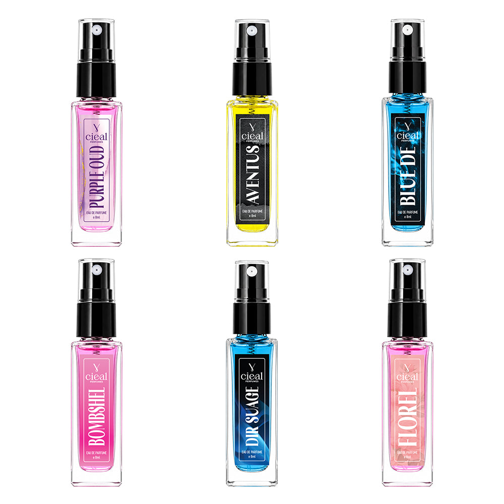 CIEAL Perfume Spray Gift Set of 6 – AVENTUS, DIR SUAGE, FLOREL, BOMBSHEL, PURPLE OUD & BLUE DE – 8 ml each