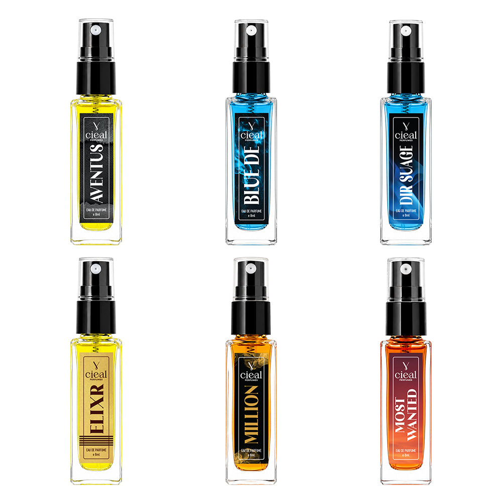 CIEAL Perfume Spray Gift Set of 6 – ELIXIR, AVENTUS, MILLION, DIR SUAGE, MOST WANTED & BLUE DE – 8 ml each
