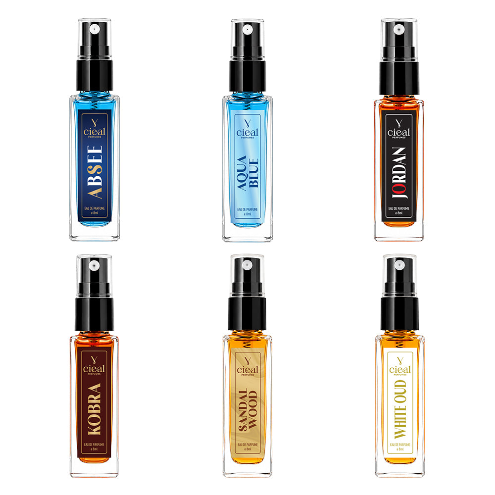 CIEAL Perfume Spray Gift Set of 6 – Aqua Blue, Kobra, Absee, White Oud, Jordan &Sandalwood – 8ml Each