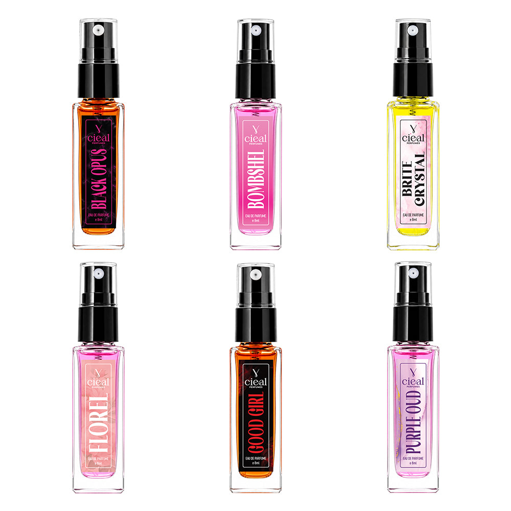 CIEAL Perfume Spray Gift Set of 6 – BRITE CRYSTAL, BOMBSHEL, PURPLE OUD, BLACK OPUS, GOOD GIRL & FLOREL – 8ml Each