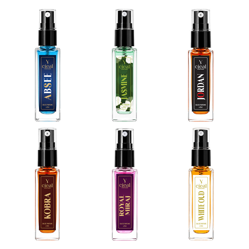 CIEAL Perfume Spray Gift Set of 6 – Jasmine, Royal Miraj, Absee, Jordan, White Oud & Kobra – 8ml Each
