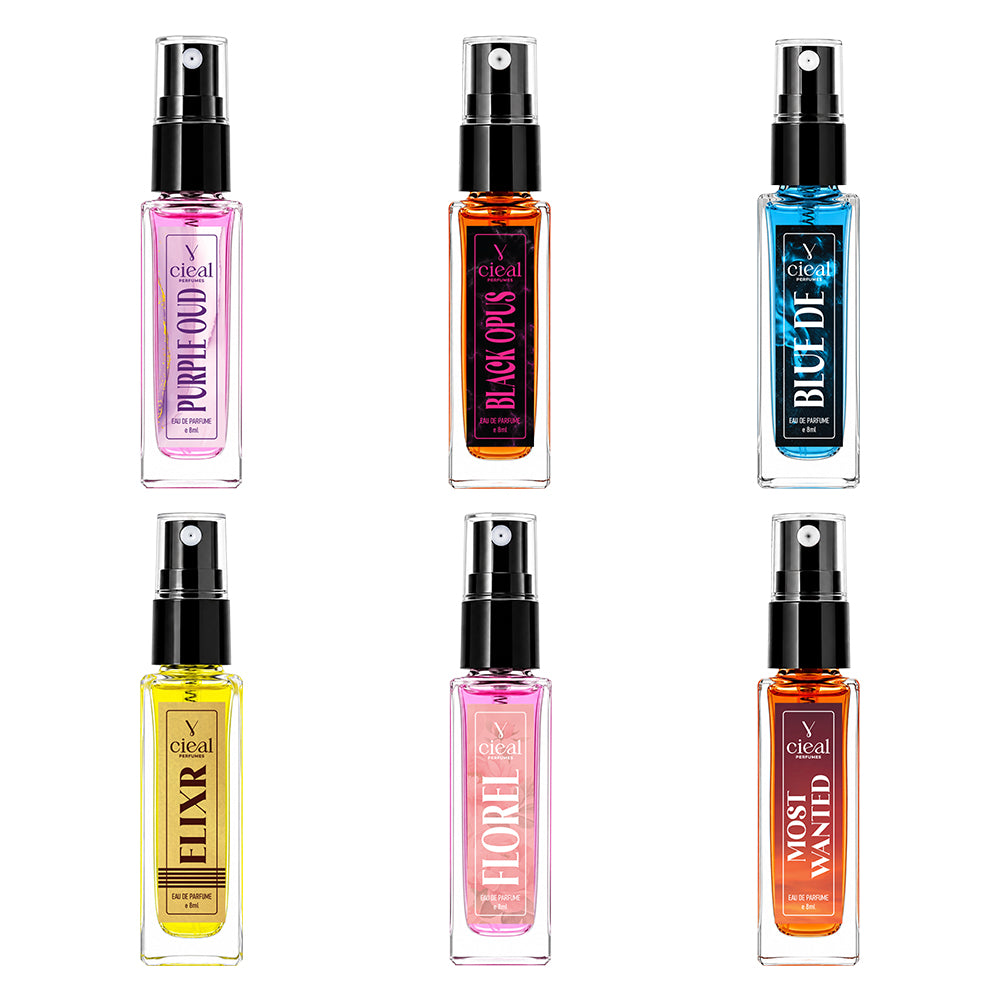 CIEAL Perfume Spray Gift Set of 6 – ELIXIR, BLACK OPUS, PURPLE OUD, FLOREL, MOST WANTED & BLUE DE – 8 ml each