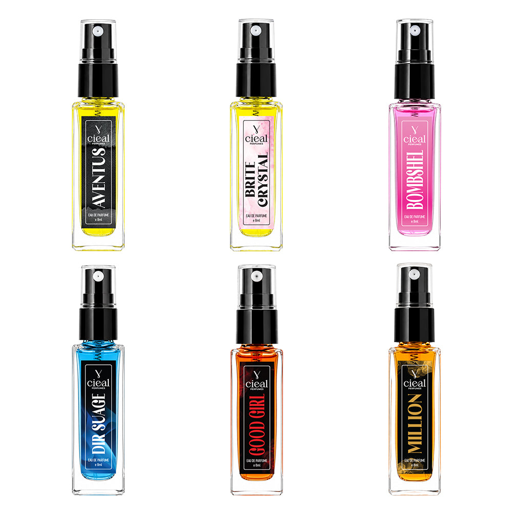 CIEAL Perfume Spray Gift Set of 6 – BRITE CRYSTAL, BOMBSHEL, AVENTUS, DIR SUAGE, GOOD GIRL & MILLION – 8ml Each