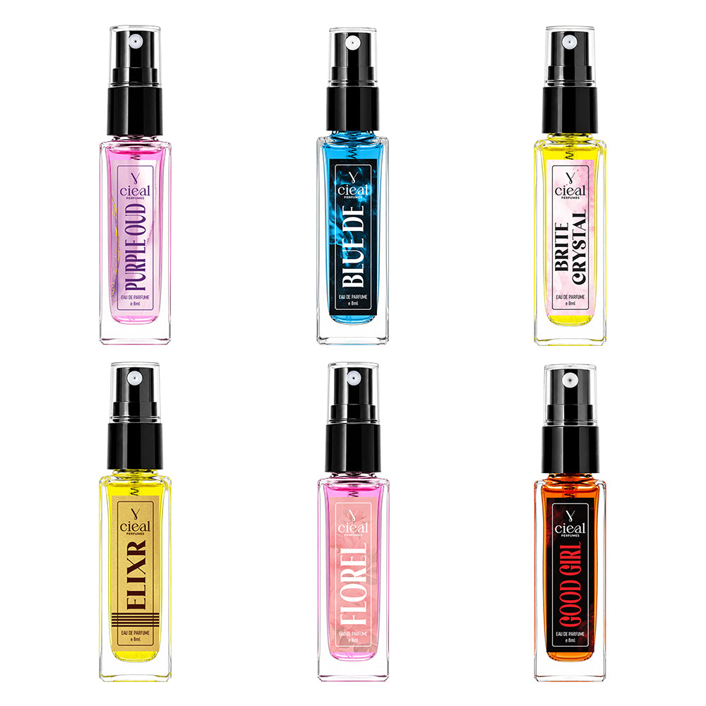 CIEAL Perfume Spray Gift Set of 6 – ELIXIR, BLUE DE, PURPLE OUD, GOOD GIRL, BRITE CRYSTAL & FLOREL – 8 ml each