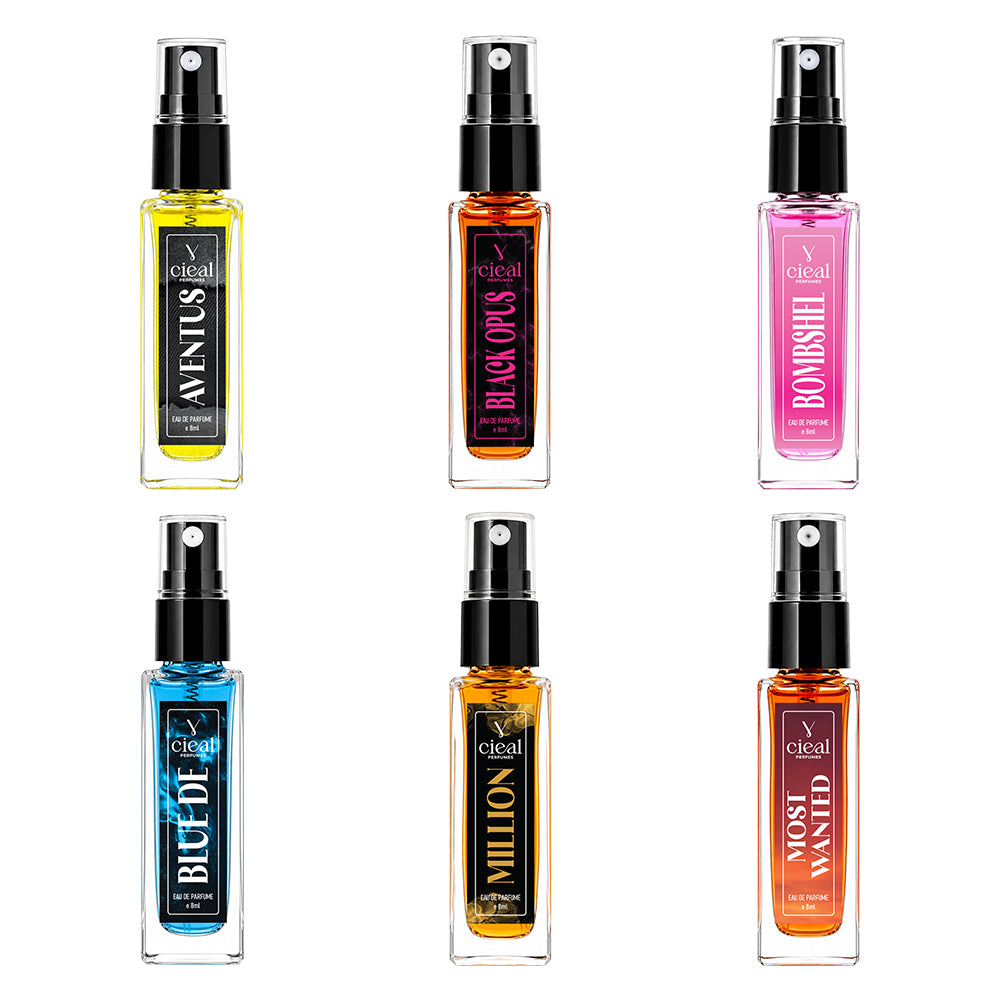 CIEAL Perfume Spray Gift Set of 6 – AVENTUS, MILLION, BLACK OPUS, BOMBSHEL, MOST WANTED & DIR SUAGE – 8 ml each