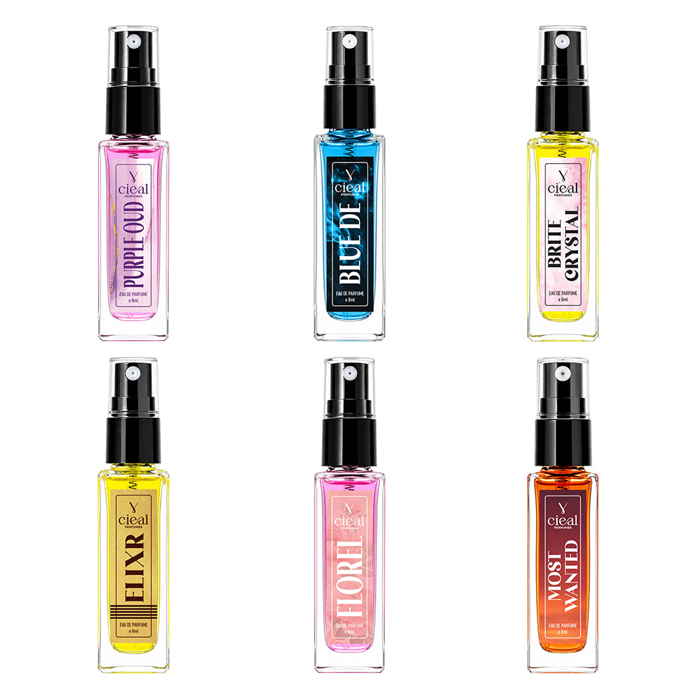 CIEAL Perfume Spray Gift Set of 6 – ELIXIR, FLOREL, BLUE DE, BRITE CRYSTAL, PURPLE OUD & MOST WANTED – 8 ml each