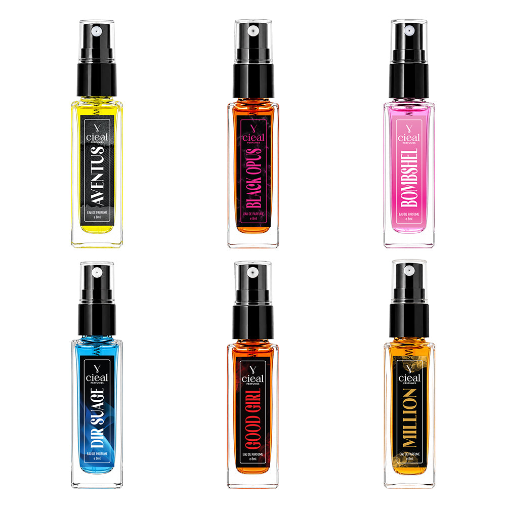 CIEAL Perfume Spray Gift Set of 6 – GOOD GIRL, BOMBSHEL, BLACK OPUS, AVENTUS, MILLION & DIR SUAGE – 8ml Each