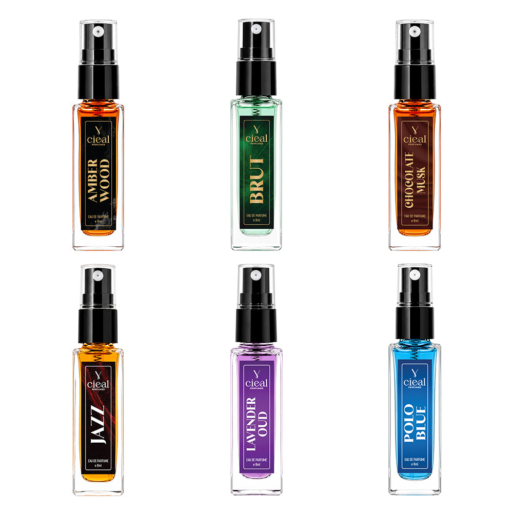 CIEAL Perfume Spray Gift Set of 6 – Amber Wood, Lavender Oud, Brut, Jazz, Chocolate Musk & Polo Blue – 8ml Each