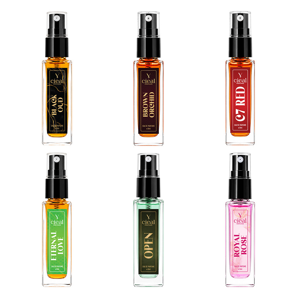 CIEAL Perfume Spray Gift Set of 6 – Open, CR7, Royal Rose, Black Oud, Brown Orchid & Eternal Love – 8ml Each