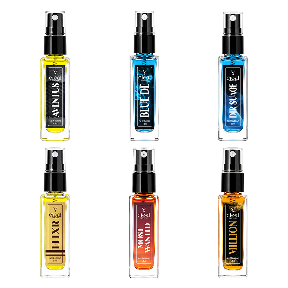 CIEAL Perfume Spray Gift Set of 6 – ELIXIR, AVENTUS, MILLION, DIR SUAGE, MOST WANTED & BLUE DE – 8 ml each